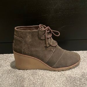 TOMS Olive Suede Crepe Desert Wedge Bootie